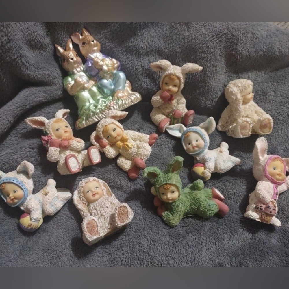 Bunny Babies 10 piece Handpainted Texture Resin/Ceramic Figurines
